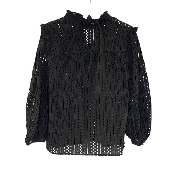 MADEWELL Black‎ Eyelet Ruffle Long Sleeve Tie Mock Neck Blouse Size XS Solid - Picture 2 of 7
